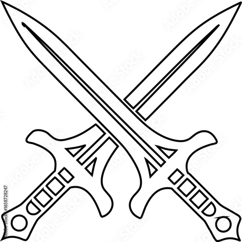 Outline crossed swords vector illustration, suitable for medieval badges, duelling icons, and weapon art.