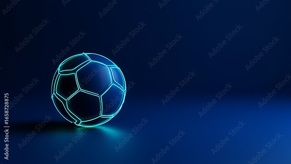 Naklejka premium Futuristic Glowing Soccer Ball on a Dark Blue Background with Subtle Reflections