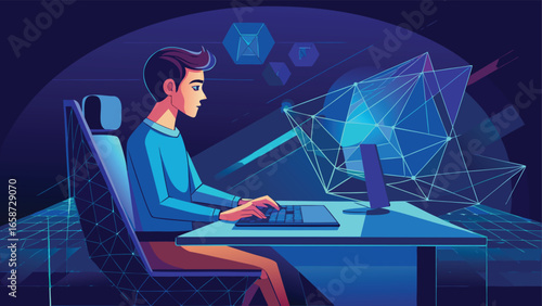 A man focused on a computer screen displaying a wireframe design, illustrating a digital project in progress..eps
