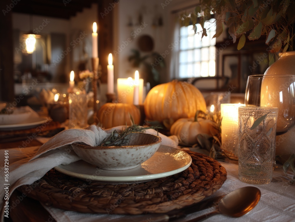 Fototapeta premium Autumn Thanksgiving dinner table with candlelight and rustic decor