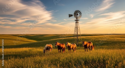 Horses grazing peacefully near a vintage windmill in a sprawling golden field at sunset.