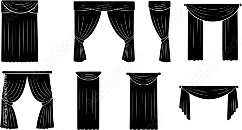 Elegant black silhouette vector logo of opened stage curtains with draped fabric and decorative ties for theater productions
