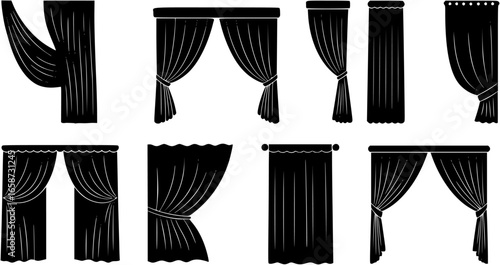 Elegant black silhouette vector logo of opened stage curtains with draped fabric and decorative ties for theater productions
