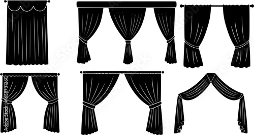 Elegant black silhouette vector logo of opened stage curtains with draped fabric and decorative ties for theater productions
