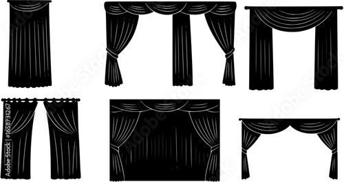 Elegant black silhouette vector logo of opened stage curtains with draped fabric and decorative ties for theater productions
