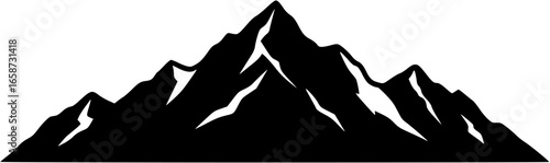 Bold black mountain range silhouette with clean lines, timeless logo for outdoor gear and national parks
