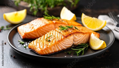 Grilled salmon steak with rosemary butter and lemon slices