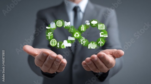 Embracing Sustainability: A corporate professional cradles the infinite loop, a powerful symbol of environmental responsibility and circular economy ideals. A visual metaphor for a green future.
