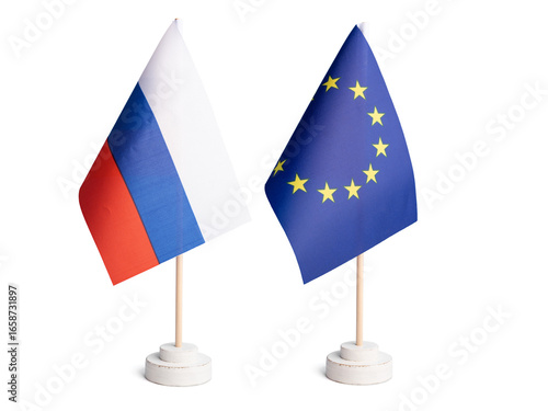 European Union and Russia table flag side by side isolated on white background