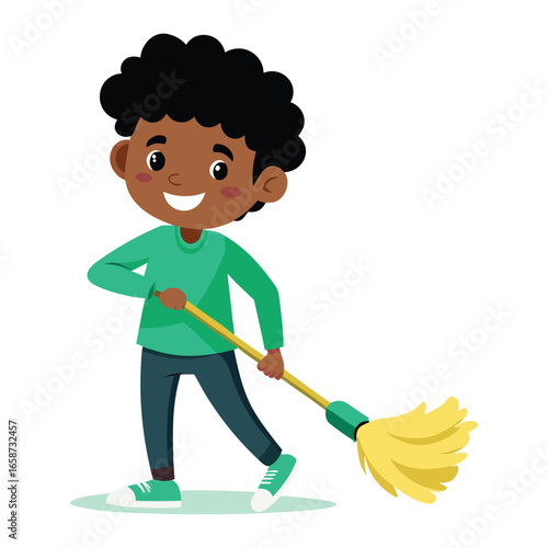 A happy young african american boy with curly hair cheerfully sweeping the floor with a yellow mop illustrating cleanliness and helpfulness