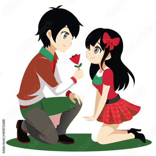 A young man  is kneeling on one knee, looking up lovingly as he offers a single red rose to a girl. 