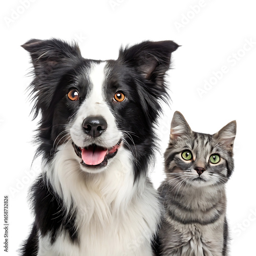 Happy border collie dog and tabby cat together isolated on transparent background
