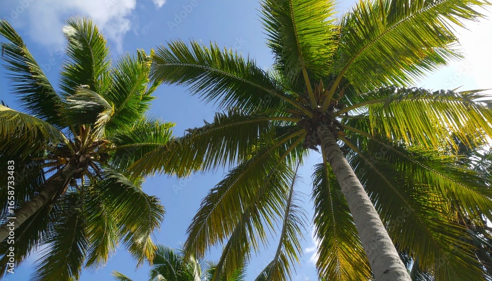 Fototapeta premium Sun-Kissed Palm Trees Reaching Towards a Bright Blue Tropical Sky from Below