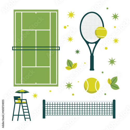 Tennis court illustration featuring court racket ball net umpire chair and decorative elements
