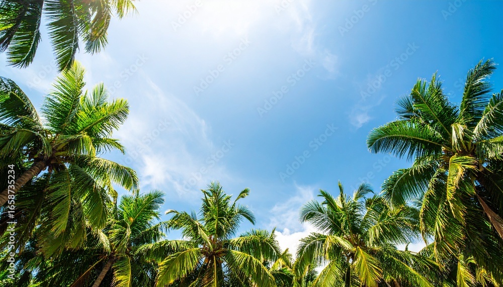 Fototapeta premium Sunlit Palm Tree Canopy Framing a Serene, Wispy Blue Summer Sky