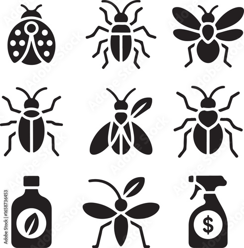 pest, control, icon, set, insect, collection, extermination, bug, spray, agriculture, farming, simple, solid, icon, set, vector