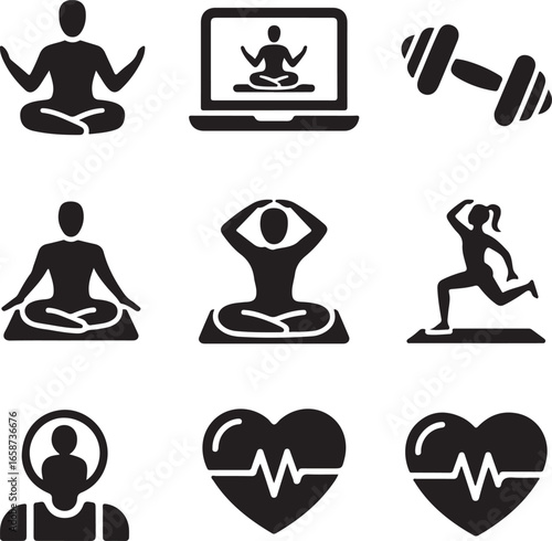 yoga, and, meditation, icon, set, fitness, wellness, health, mindfulness, exercise, spiritual, simple, solid, icon, set, vector