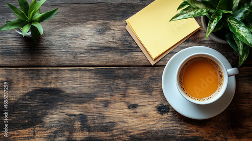 A cozy rustic wooden desk is perfectly arranged with a hot cup of coffee, green plants, and blank notes, viewed from overhead.