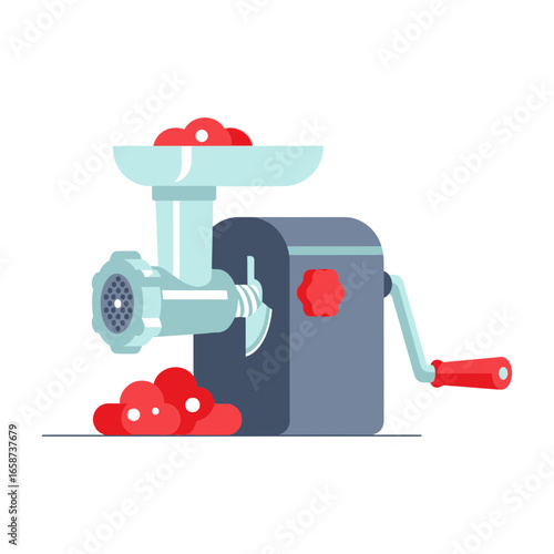 Meat grinder with red meat chunks on white background.