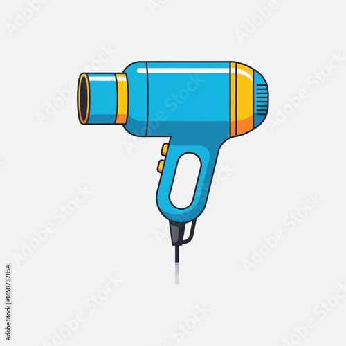 Blue hairdryer with yellow accents on a light background.