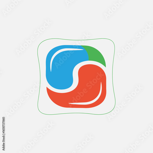 Square pod with swirling blue red and green colors.