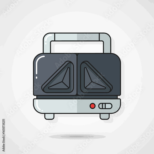 A gray sandwich maker with a black top and indicator lights.