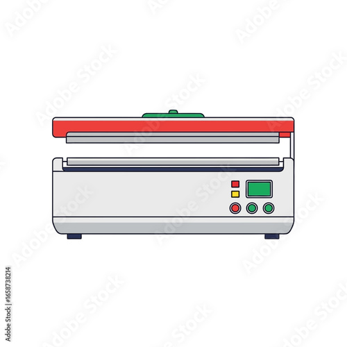A white and red heat sealer machine with a digital display.