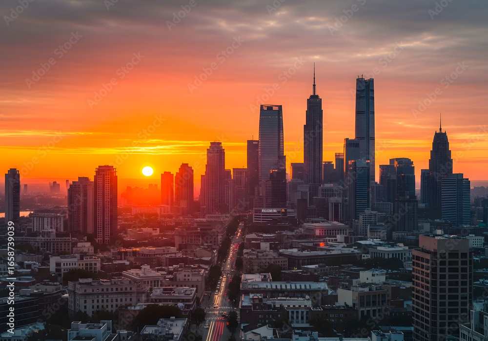 Obraz premium City Skyline at Sunset with Illuminated Buildings