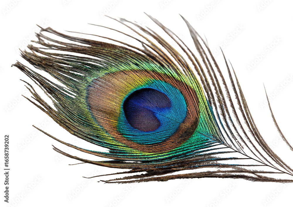 Obraz premium Detailed close-up of a peacock feather. Vibrant colors and intricate patterns