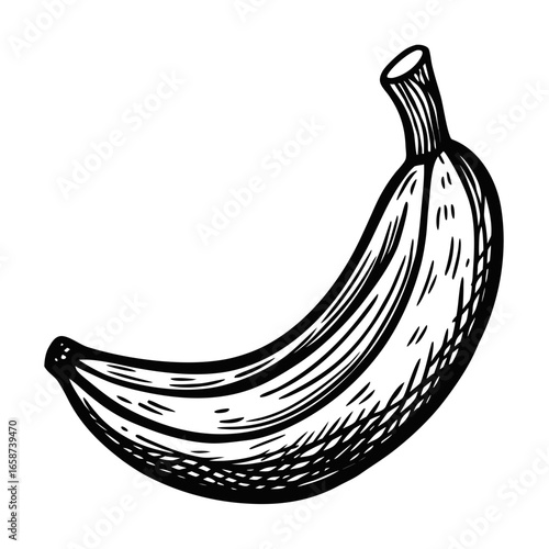 Bold black and white sketch of a single banana with a hand-drawn, textured style, perfect for organic food branding and healthy lifestyle designs.