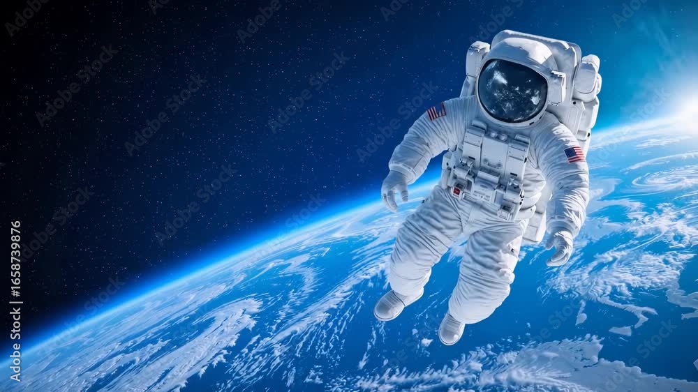 Astronaut in white spacesuit floating above earth's atmosphere with blue planet surface and starry background. Detailed spacesuit with American flag visible. Orbital perspective