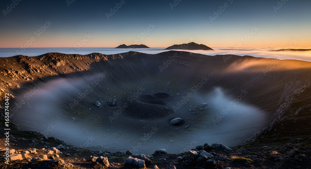 Obraz premium A stunning sunrise illuminates a vast volcanic crater filled with swirling mist high above a sea of clouds creating a serene and otherworldly mountain landscape.