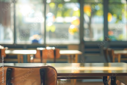 Wallpaper Mural Classroom on a blurred background with chairs and tables Torontodigital.ca