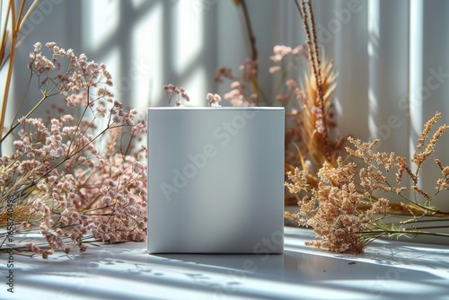 Blank mockup of a white box on a light background and dried flowers