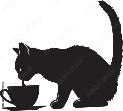 Black silhouette of a cat drinking from a teacup feline animal
