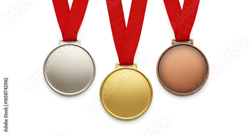 Gold, silver and bronze medals with red ribbons isolated on white background - 3d illustration