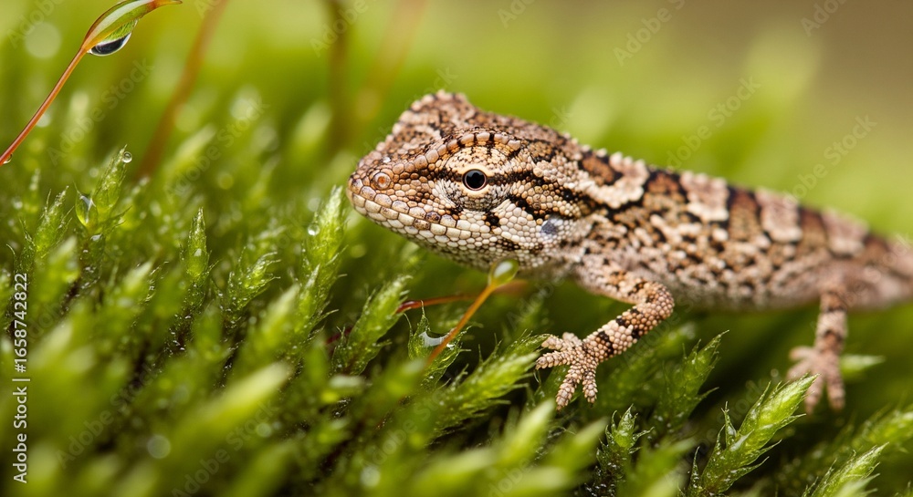 Obraz premium Tiny Lizard Macro Shot on Green Moss with Water Droplets in Natural Habitat