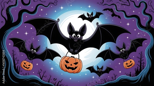 Close-up of Bats Carrying Jack-o'- Lanterns in a Spooky Halloween Night