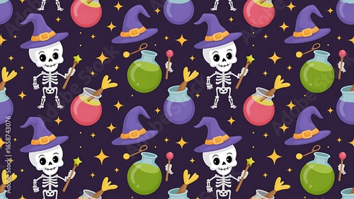 Colorful Halloween pattern with skeletons and witches hats