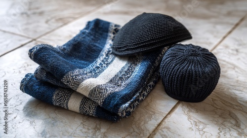 Warm and cozy winter accessories displayed on a tiled surface in a softly lit indoor setting