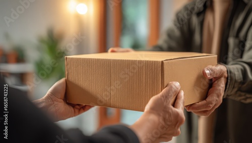 Delivery of Parcel: A close-up shot captures the moment of a parcel handoff, with two individuals exchanging a package, emphasizing the process of receiving.