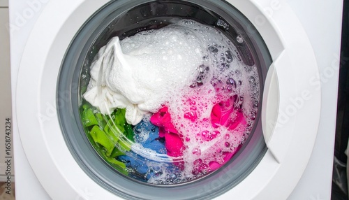 Vibrant Whirlpool of Colorful Clothes and Suds in a Washing Machine Porthole.
