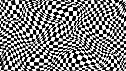 Abstract warped effect background. Optical illusion pattern. Y2k wavy design for banner. Checkerboard distorted black and white print. Vector illustration