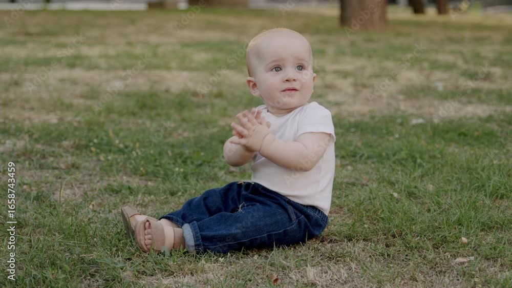 Baby sitting on grass, joyfully clapping hands while engaging with surroundings, showcasing playful innocence and curiosity in a natural outdoor setting Baby sitting on grass, joyfully clapping hands while engaging with surroundings, showcasing playful innocence and curiosity in a natural outdoor setting