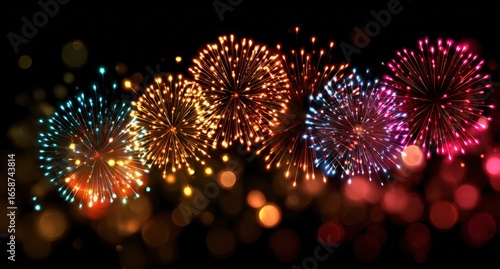 Fireworks Celebration: A vibrant and dazzling display of fireworks explodes across the night sky, painting a canvas of light and color with a variety of spectacular bursts.