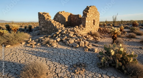 Weathered stone ruins standing amidst a parched desert landscape with cracked ground and sparse cacti, evoking a sense of historical mystery and desolation under a bright sky.