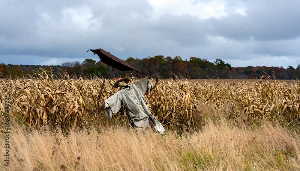 Obraz premium Weathered Scarecrow in Cornfield Under Cloudy Sky, Autumnal Landscape.
