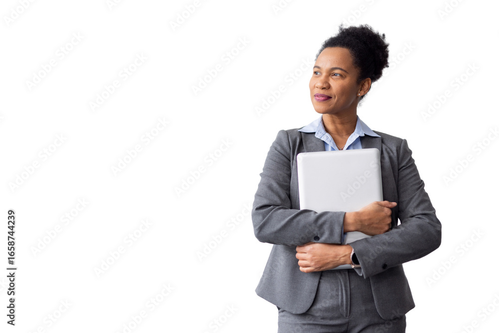 Professional businesswoman wearing gray suit, standing confidently with laptop, looking upward, displaying corporate success Professional businesswoman wearing gray suit, standing confidently with laptop, looking upward, displaying corporate success