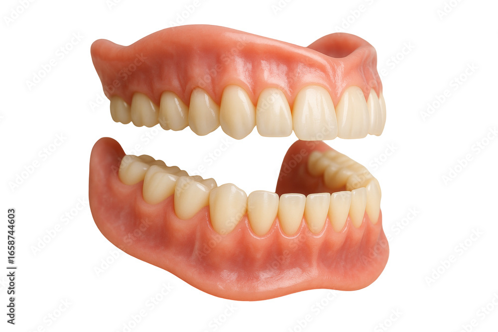 Obraz premium Dental prosthesis displaying aligned white teeth, healthy pink gums against transparent backdrop, representing professional oral healthcare restoration