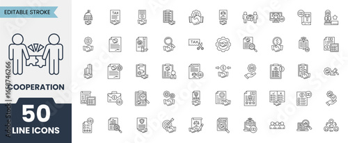 Cooperation icon set in line style. Containing business, cooperation, contract, partnership, regulations, compliance, legal system and more. Editable stroke. Vector illustration